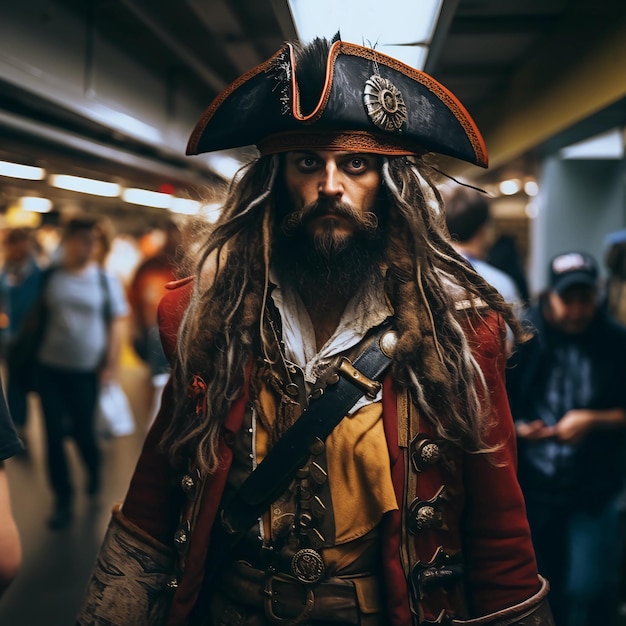 ein Foto eines Piraten aus dem Jahr 1678 an einer U-Bahn-Station in New York City im Jahr 2023