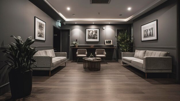 Ein Foto eines professionellen Empfangsbereichs mit stilvollen Sitzplätzen und einladender Atmosphäre