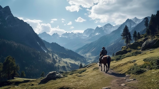 Ein Foto eines Reisenden, der in einem malerischen Tal reitet