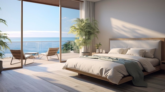 Ein Foto eines ruhigen Schlafzimmers mit Blick auf den Ozean