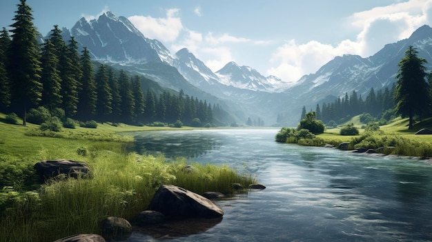 Ein Foto eines ruhigen Sees oder Flusses mit Spiegelungen der Natur