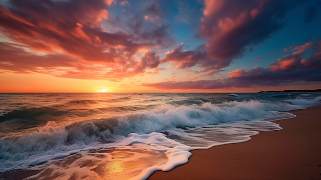 Ein Foto eines ruhigen Sonnenuntergangs am Strand mit den Wolken, die einen dramatischen Himmel bilden