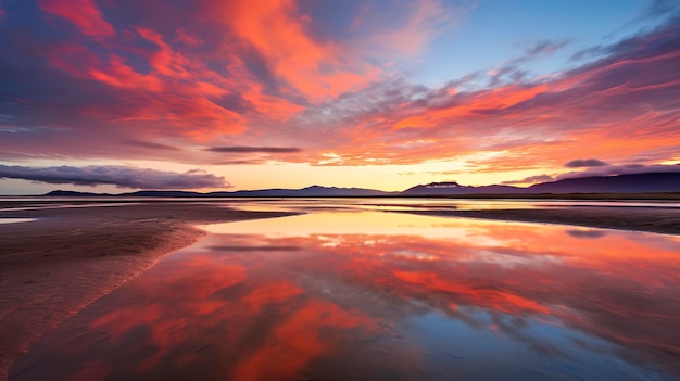 Ein Foto eines ruhigen Sonnenuntergangs am Strand mit den Wolken, die einen dramatischen Himmel bilden