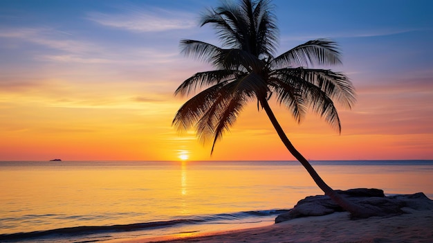 Ein Foto eines ruhigen Sonnenuntergangs am Strand mit einer einsamen Palme, die sich in der sanften Brise schwankt