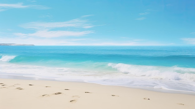 Ein Foto eines ruhigen Strandes mit klarem blauem Himmel als Hintergrund