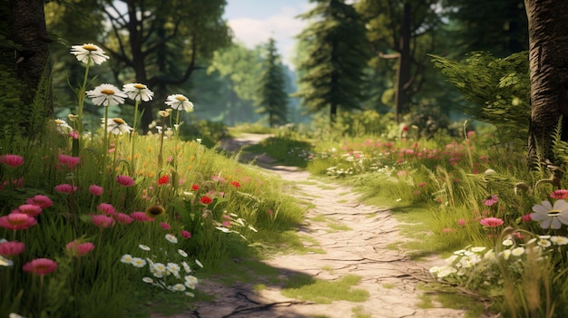Ein Foto eines ruhigen Waldweges mit einem Teppich aus Wildblumen