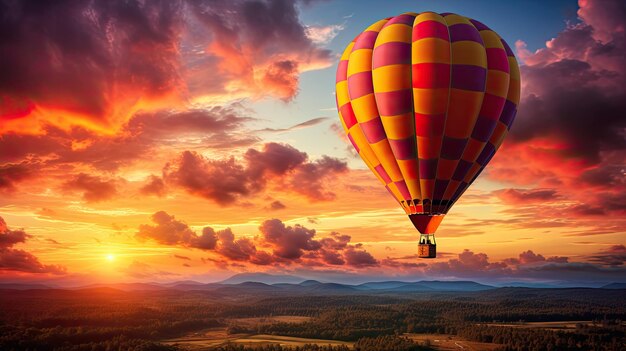 Foto ein foto eines saffranfarbenen heißluftballons gegen einen sonnenuntergehenden warmen himmelstrahl