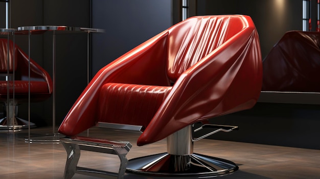 Ein Foto eines Salonstuhls mit einem trendigen Haarschnittumhang