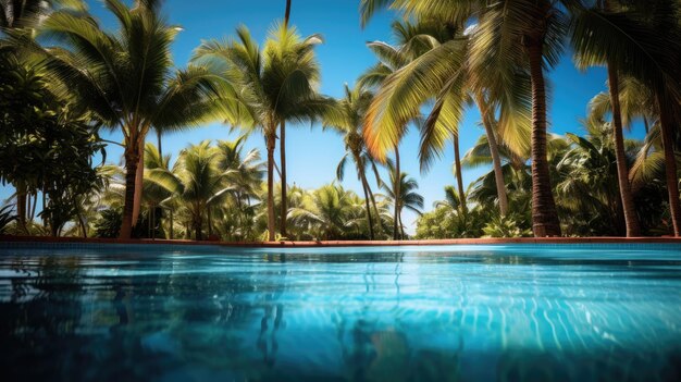Ein Foto eines Schwimmpools mit Palmen in einer tropischen Umgebung