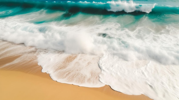 Ein Foto eines Strandes mit blauen und weißen Wellen, die auf den Sand schlagen.