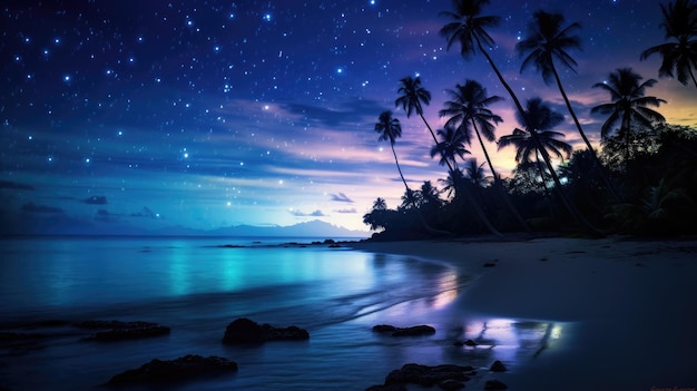 Ein Foto eines Strandes mit einer sternenreichen Nacht im Hintergrund mit Silhouetten von Palmen