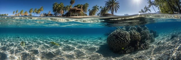 Ein Foto eines Strandes mit Palmen und einem Boot unter Wasser