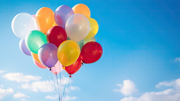 Ein Foto eines Straußes bunter Luftballons im Hintergrund mit blauem Himmel