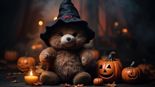 Ein Foto eines süßen Bären, der einen Hexenhut für die Halloween-Feier verwendet