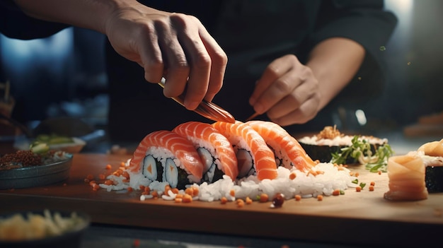 Ein Foto eines Sushi-Kochs, der Sushi-Rollen kreiert