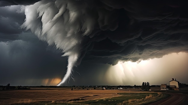 Ein Foto eines Tornados mit einem verdrehten Trichter und einem offenen Hintergrund