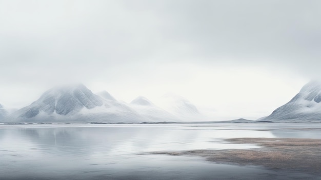 Ein Foto eines Tundra-Geländes mit einem zugefrorenen See und fernen Bergen
