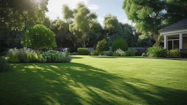 Ein Foto eines üppiggrünen Rasens in einem geräumigen Hinterhof
