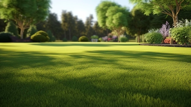 Ein Foto eines üppiggrünen Rasens in einem geräumigen Hinterhof