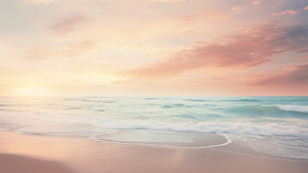 Ein Foto eines verlassenen Strandes bei Sonnenaufgang in weichen Pastellfarben