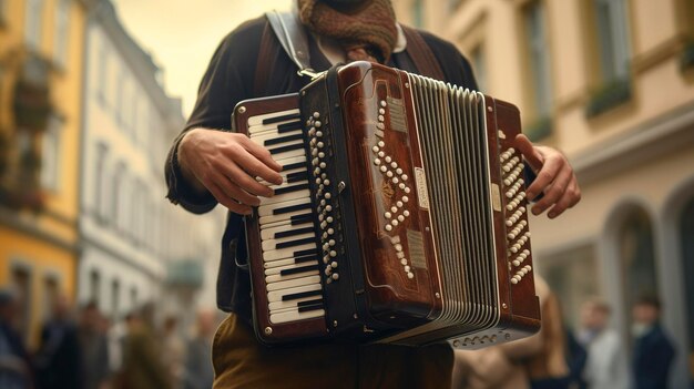 Foto ein foto eines vintage-akkordeons bei straßenmusikanten