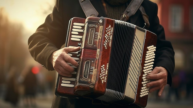 Foto ein foto eines vintage-akkordeons bei straßenmusikanten