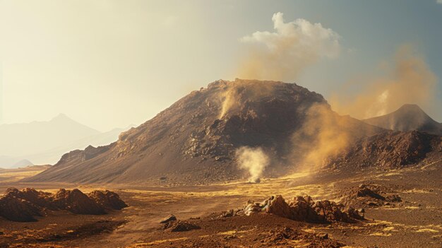 Foto ein foto eines vulkanischen bergrücken mit schwefelöffnungen in einer öden umgebung