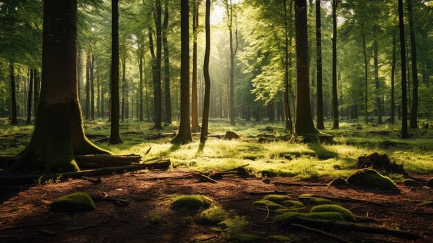 Ein Foto eines Waldes, in dem das Sonnenlicht leuchtet