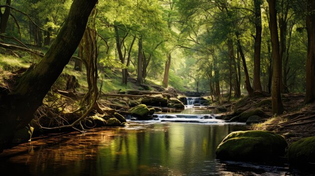 Ein Foto eines Waldes mit einem gewundenen Fluss und üppigem Grün