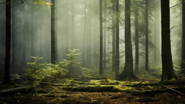 Ein Foto eines Waldes mit verschwommenen Bäumen im nebligen Hintergrund