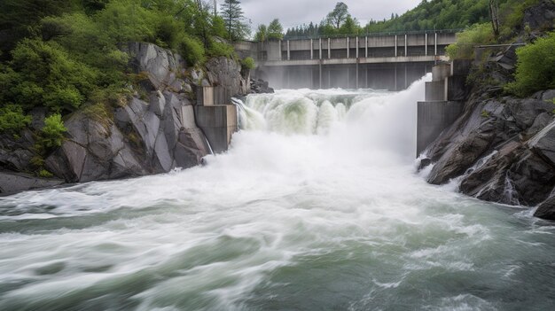 Ein Foto eines Wasserkraftwerks, das Strom aus einem Fluss erzeugt