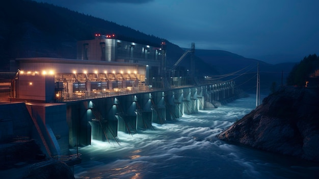 Ein Foto eines Wasserkraftwerks in der Nacht