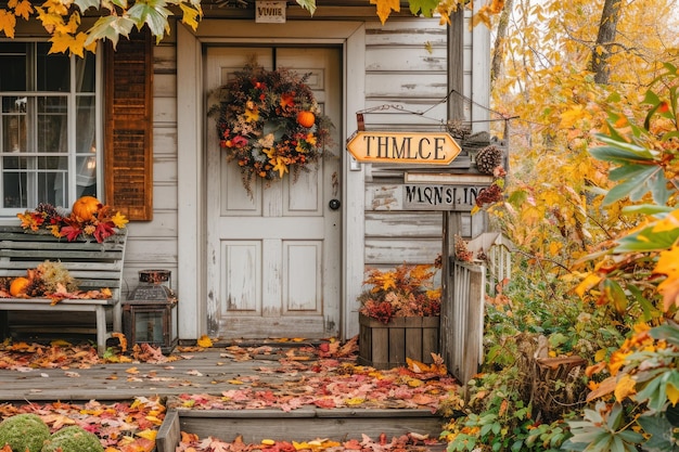 Foto ein foto eines weißen hauses mit einem festlichen kranz, der an der haustür hängt ein einladendes äußeres eines hauses, das für thanksgiving mit einem willkommensschild und einem herbstkranz geschmückt ist