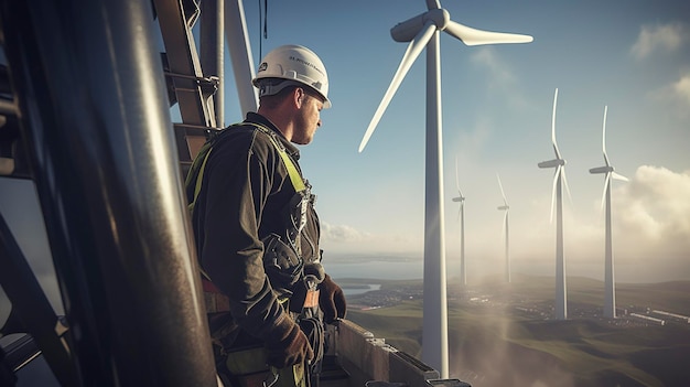 Ein Foto eines Windkraftanlagentechnikers, der Wartungsarbeiten durchführt