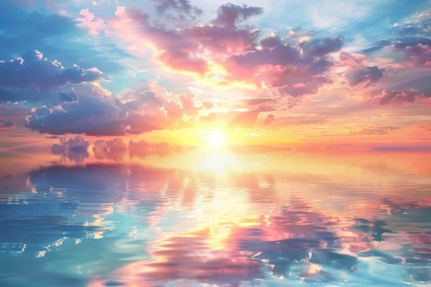 Ein Foto eines wunderschönen Sonnenuntergangs, der einen Himmel und ein Meer zeigt, das mit Farben und Schatten leuchtet und sich auf dem Wasser und den Wolken widerspiegelt.