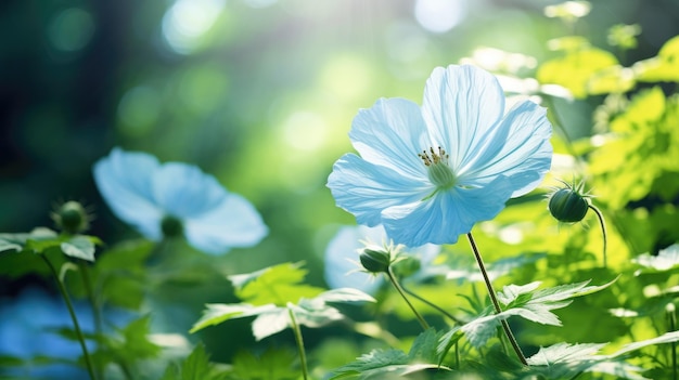 Ein Foto eines zarten blauen Blumen-Grünblatt-Hintergrunds
