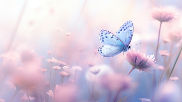 Ein Foto eines zarten blauen Schmetterlings auf dem Hintergrund einer Wiese mit Wildblumen