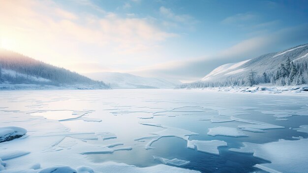 Ein Foto eines zugefrorenen arktischen Sees und schneebedeckter Hügel in der Ferne