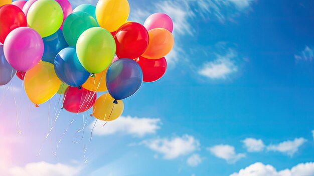 Ein Foto farbenfroher Ballons vor einem leuchtenden und lebendigen Regenbogenhintergrund