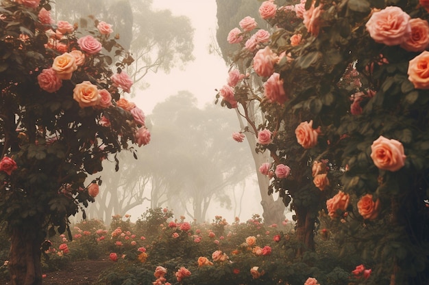 Ein Foto in Vintage-Stil eines Rosengartens in weichem Fokus