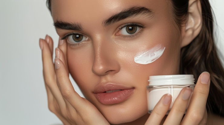 Foto ein foto mit einem weiblichen model, das das feuchtigkeitscreme-produkt hält