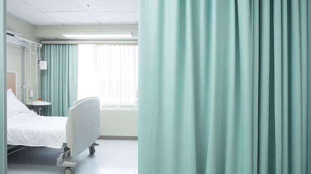 Ein Foto mit einer extrem detaillierten Aufnahme eines minimalistischen Sichtschutzvorhangs oder einer Trennwand im Krankenhaus