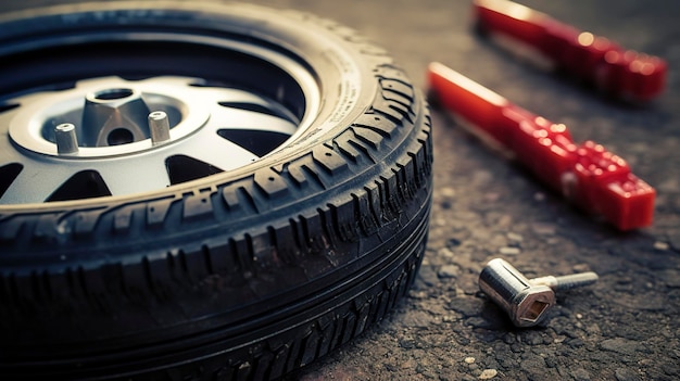 Ein Foto mit einer Nahaufnahme eines Reifenreparatursatzes oder von Reifenreparaturwerkzeugen