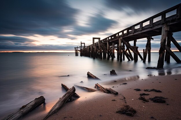 Ein Foto mit langer Belichtung eines Pier an einem Strand