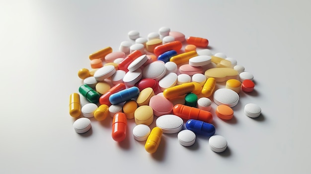 Ein Foto verschiedener farbenfroher Pillen und Kapseln auf weißem Hintergrund