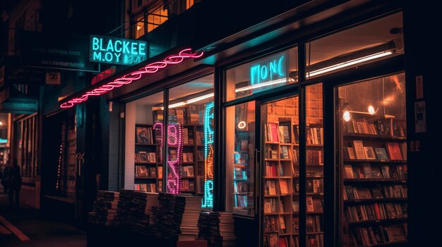 Ein Foto von einem Buchhandelskennzeichen mit Neonlichtern in der Nacht