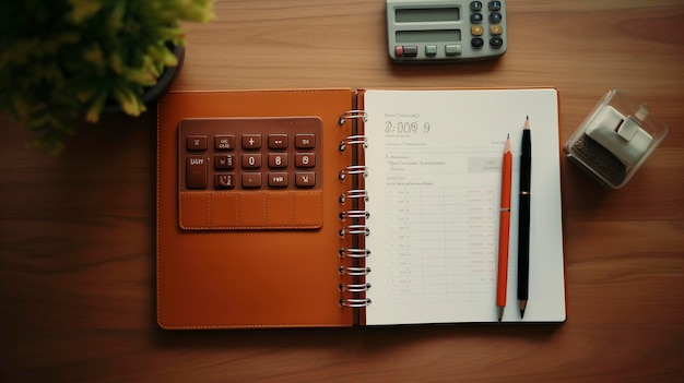 Ein Foto von einem Budgetplaner-Notebook und einem Rechner