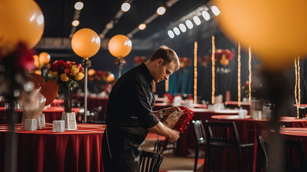 Ein Foto von einem Catering-Mitarbeiter, der Tische und Dekorationen aufstellt