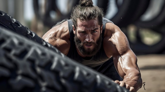 Foto ein foto von einem crossfit-training mit reifenumdrehen und seilklettern