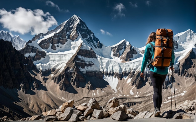 Ein Foto von einem glücklichen Wanderer, der mit einem Rucksack durch den Everest geht